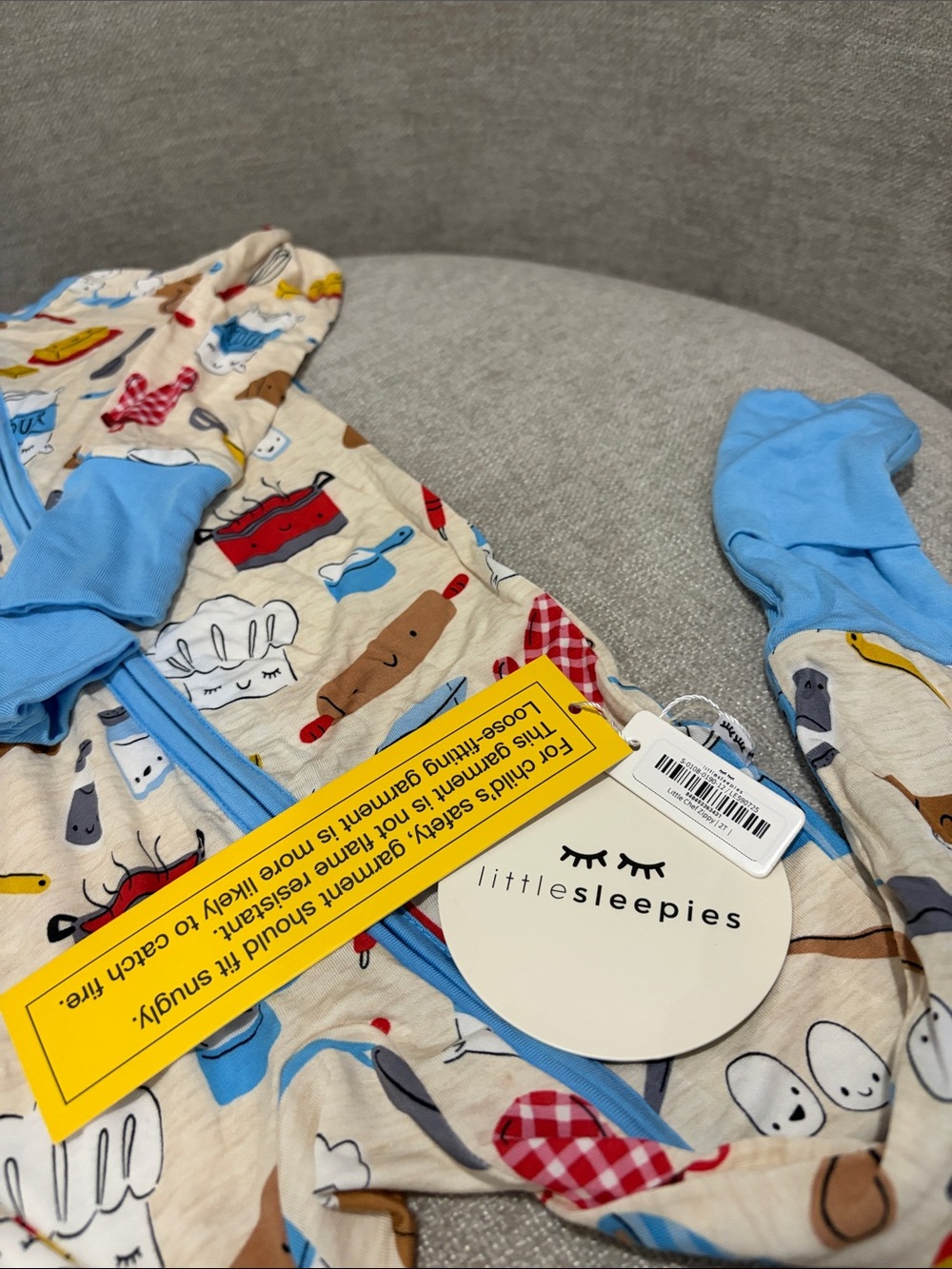 Blue Trim Kids One-Piece Pajamas with Kitchen Print - Picture 2 of 2